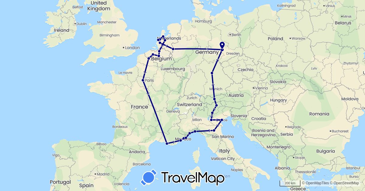TravelMap itinerary: driving in Austria, Belgium, Germany, France, Italy, Monaco, Netherlands (Europe)